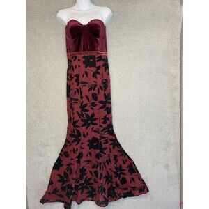 VTG Y2K Whimsigoth Strapless Velvet Floral Mesh Skirt Red & Black Mermaid Dress